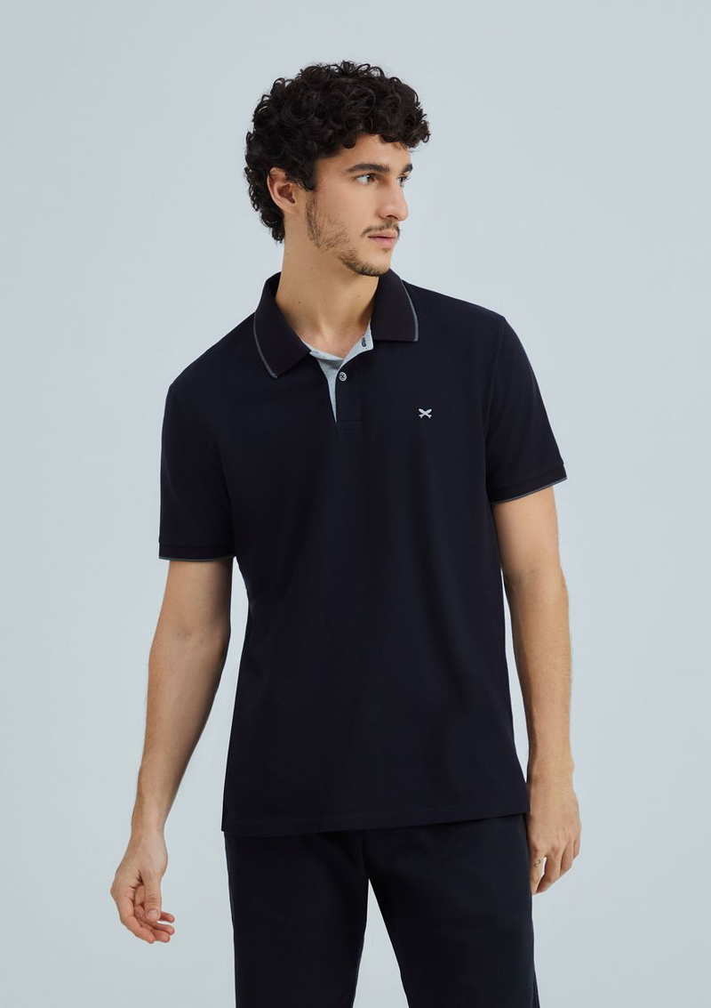 camisa polo básica masculina em piquet com bordado - Preto