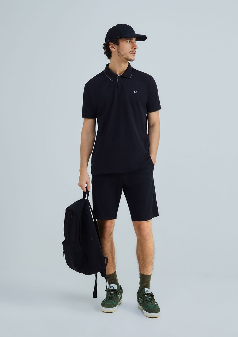 camisa polo básica masculina em piquet com bordado - Preto